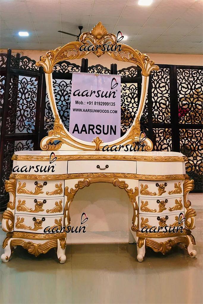 White & Gold Dressing table with Cushioned Stool view 5