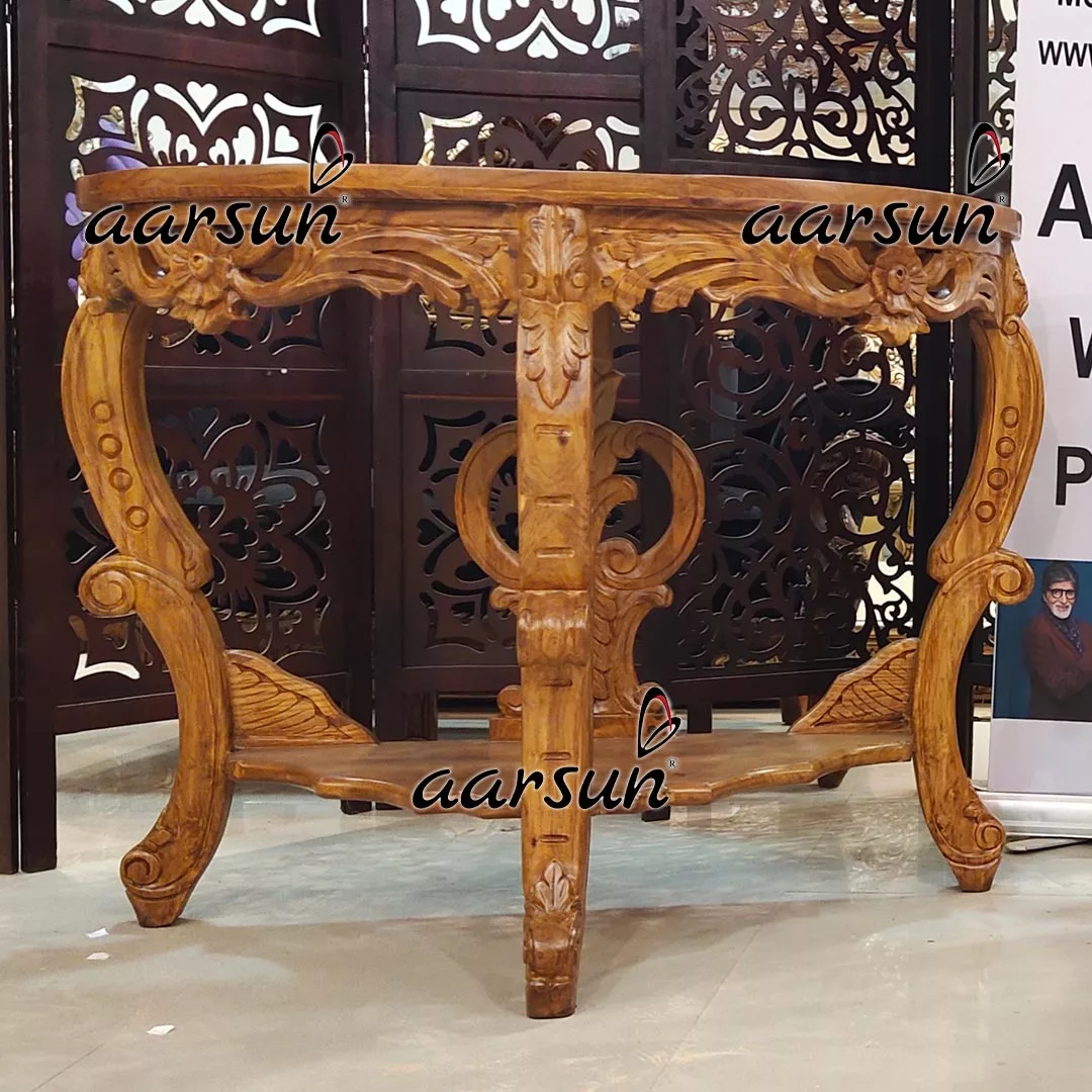 हाथ से नक्काशीदार प्राकृतिक सागौन कंसोल view 3