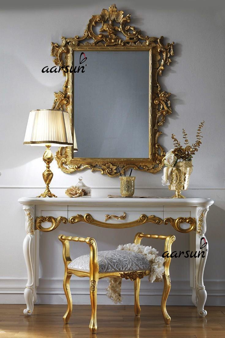 Elegant Gold Console Table With Mirror Frame, Dressing Table
