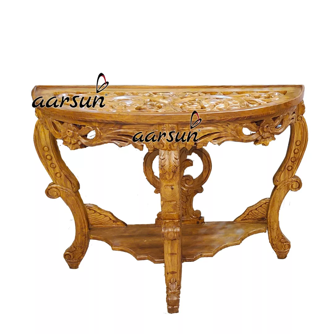 Hand Carved Natural Teak Console