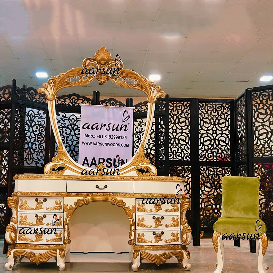 White & Gold Dressing table with Cushioned Stool view 3