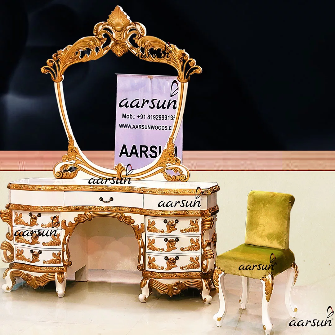 White & Gold Dressing Table With Cushioned Stool